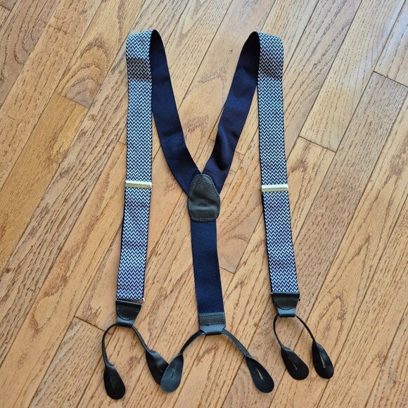 Classic Chevron Suspenders Men's Braces Y back Blue White - Picture 1 of 14